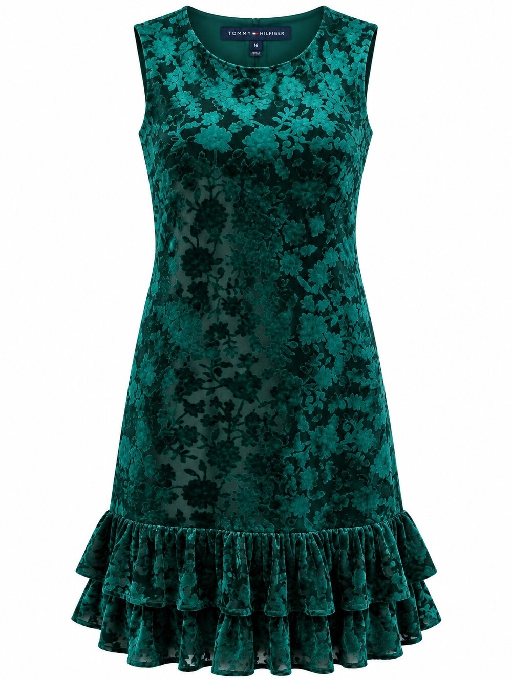 TOMMY HILFIGER | Emerald Green Floral Burnout Velvet Ruffle Hem Dress | 16